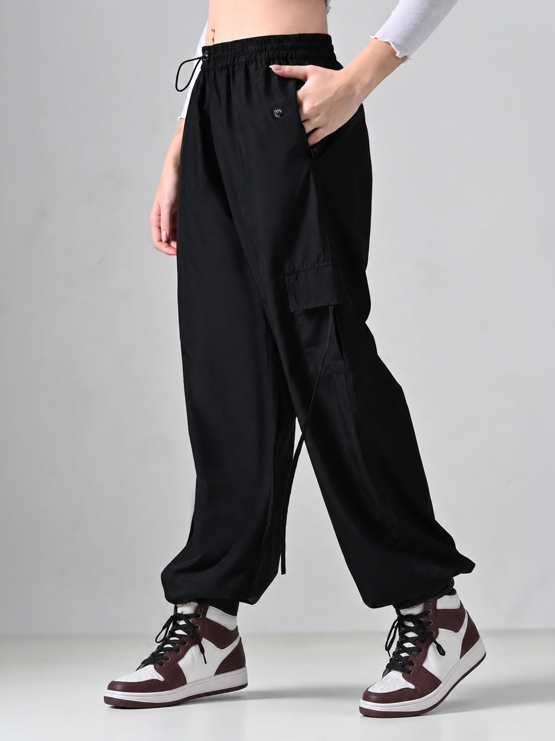 Black Elastic Cargo Pants