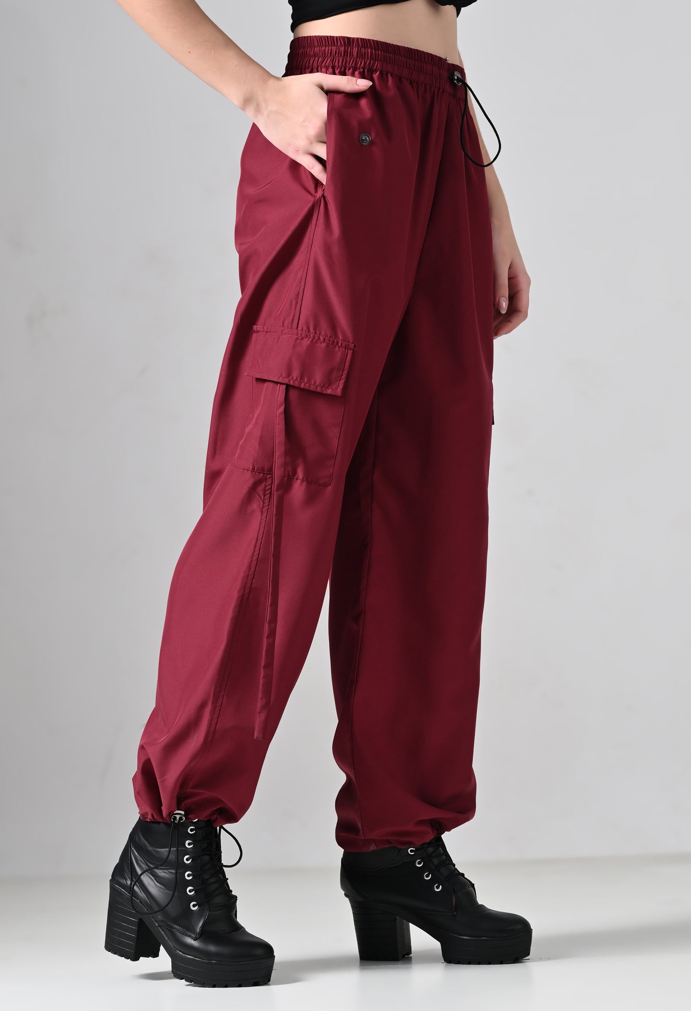 Maroon Elastic Cargo Pants