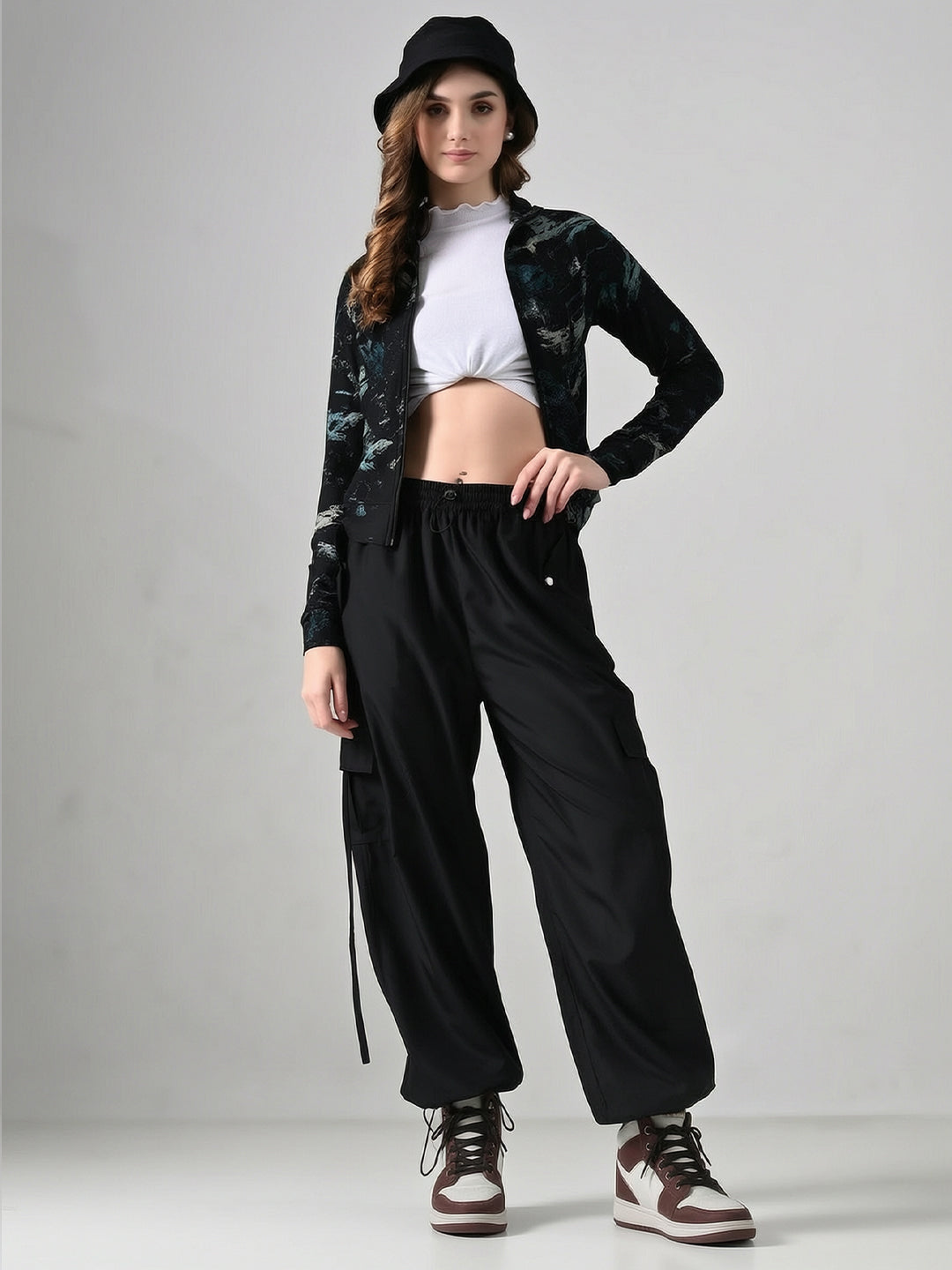 Black Elastic Cargo Pants