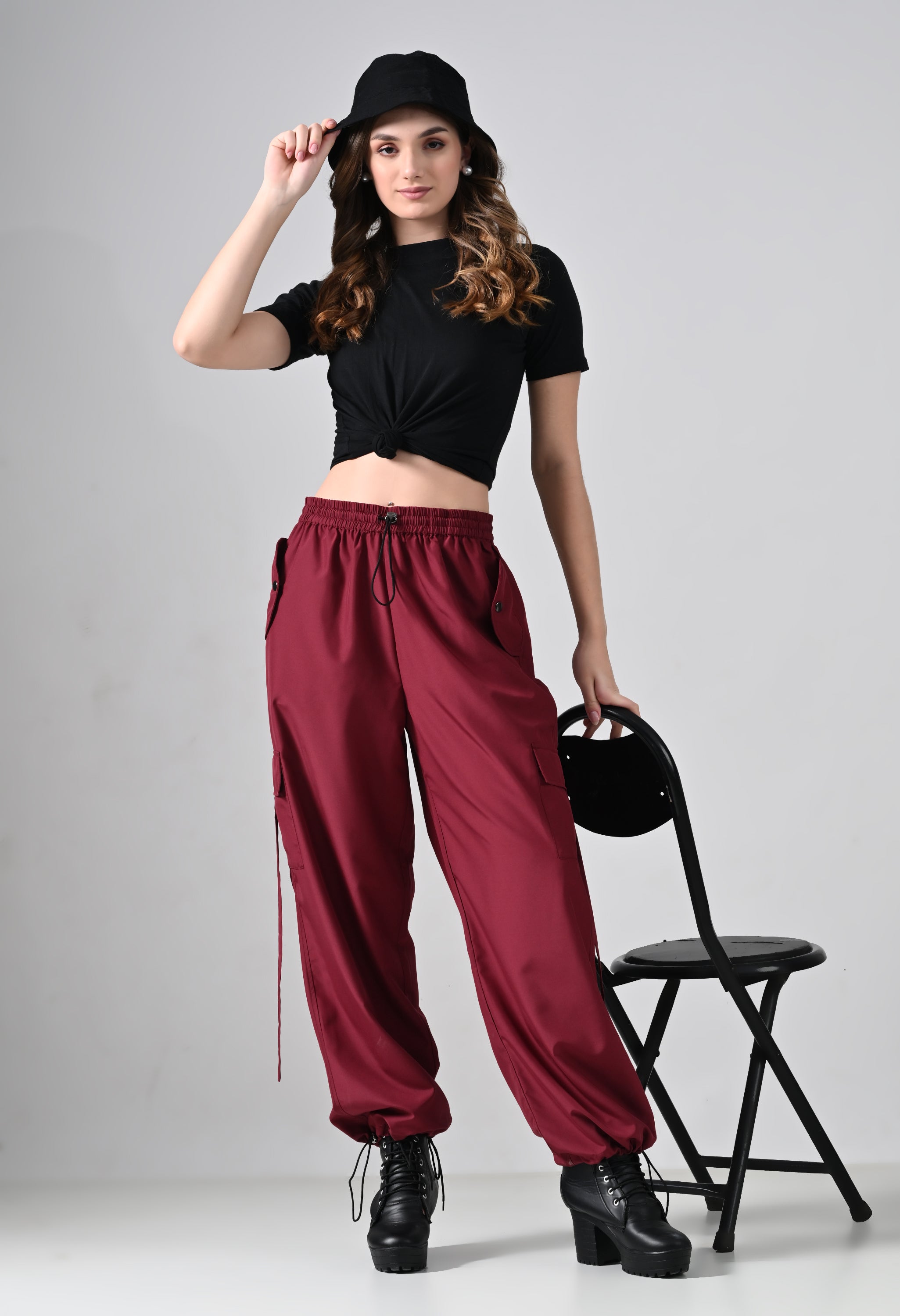 Maroon Elastic Cargo Pants